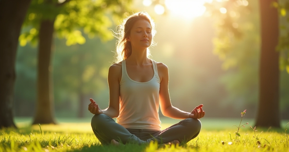 Persona meditando en posición sentada en ambiente natural luminoso 