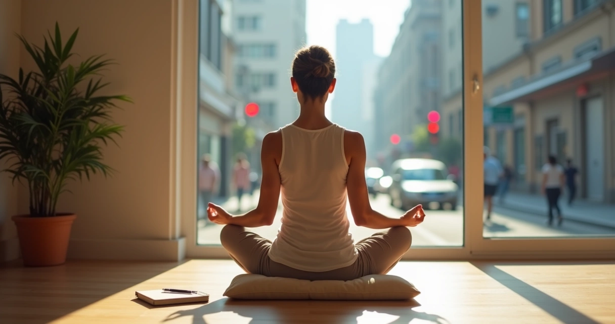 Persona sentada meditando en una habitación tranquila mientras una ciudad caótica se ve a través de la ventana 