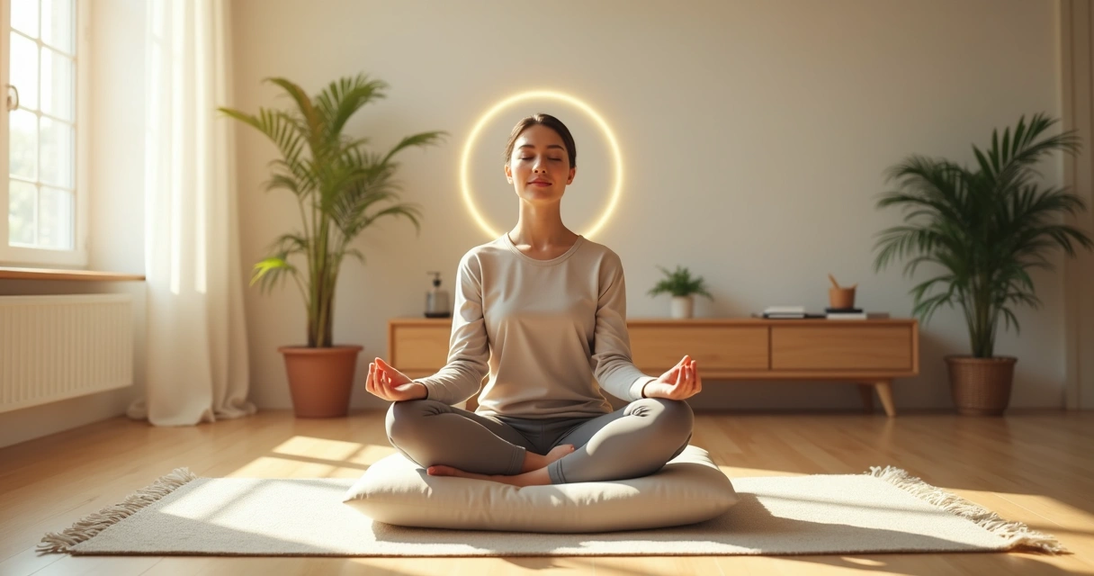 Persona meditando sentada en un salón luminoso con luz cálida entrando por la ventana 