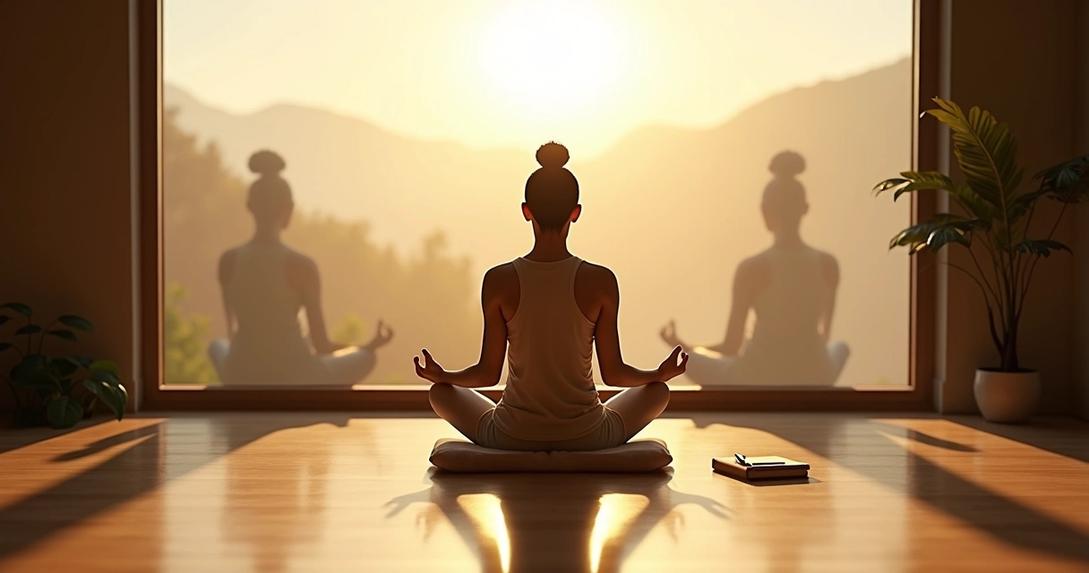 Persona meditando con luz cálida y siluetas reflejadas representando autovigilancia consciente 