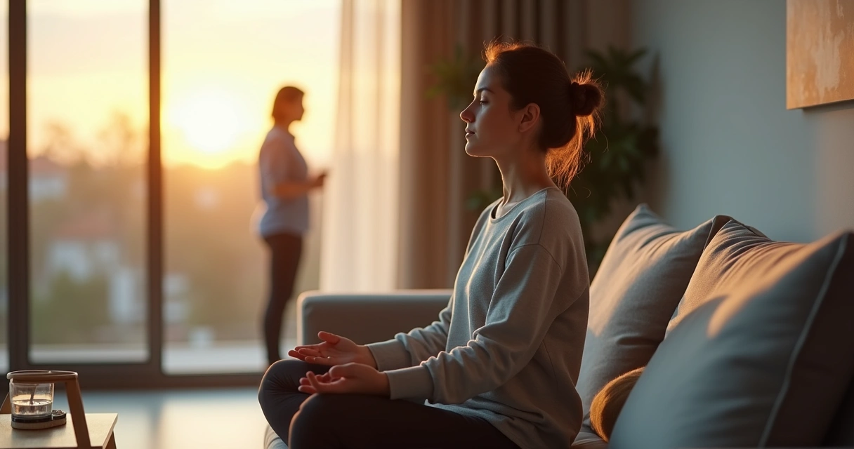 Persona sentada en calma respirando antes de una conversación difícil 