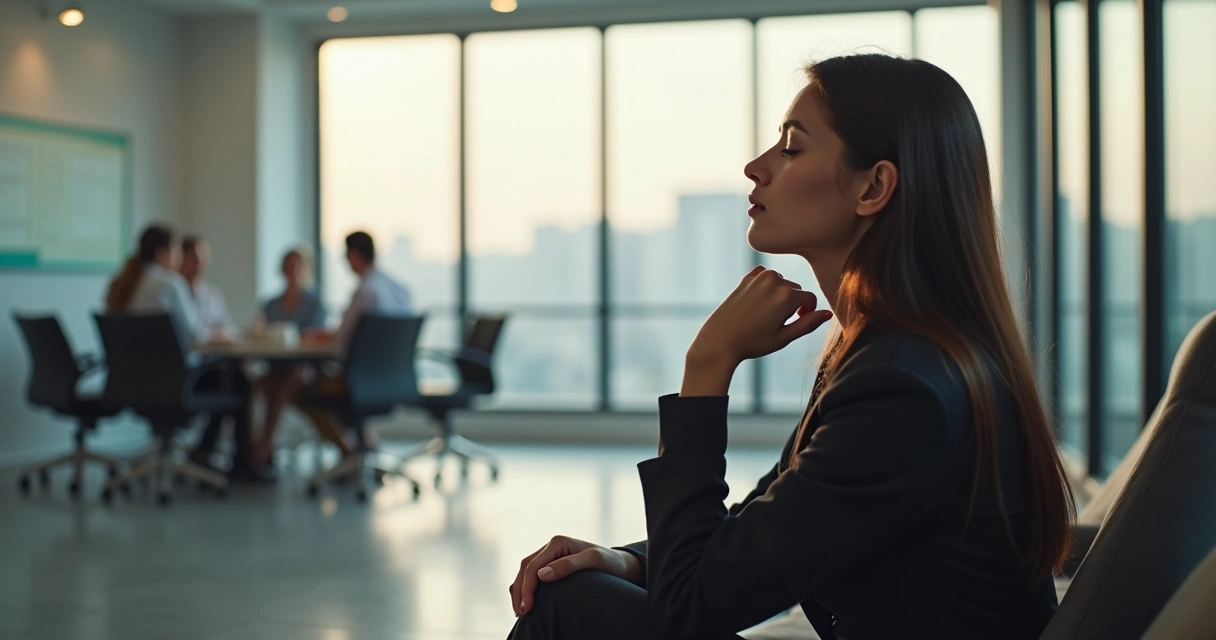 Persona sentada meditando en una oficina antes de una reunión
