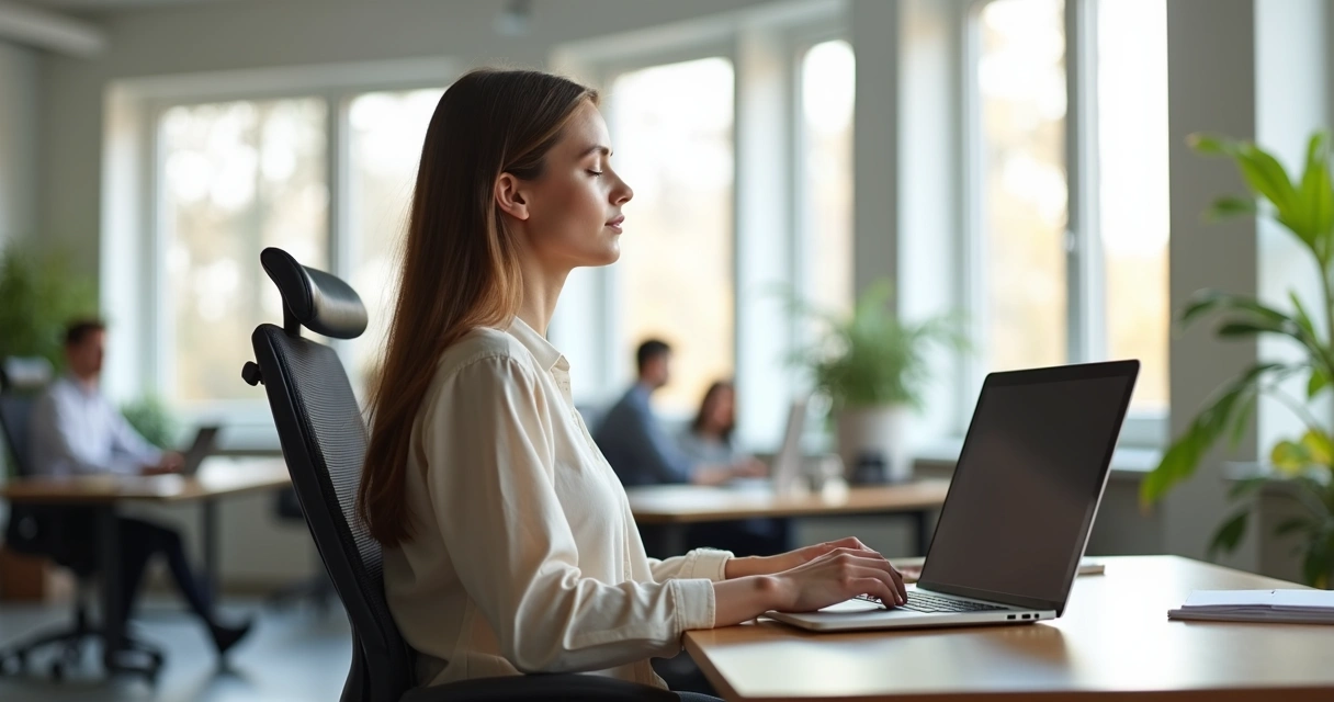 Persona sentada en su escritorio haciendo una breve meditación en la oficina 