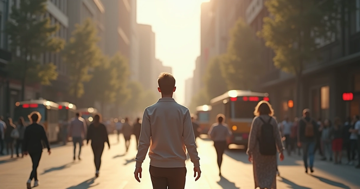 Persona practicando meditación caminando por la ciudad 