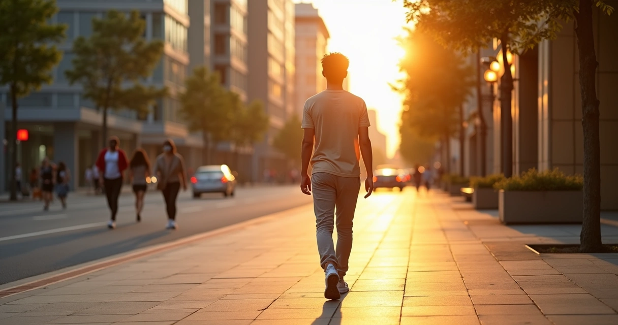 Persona caminando conscientemente por la ciudad al atardecer 
