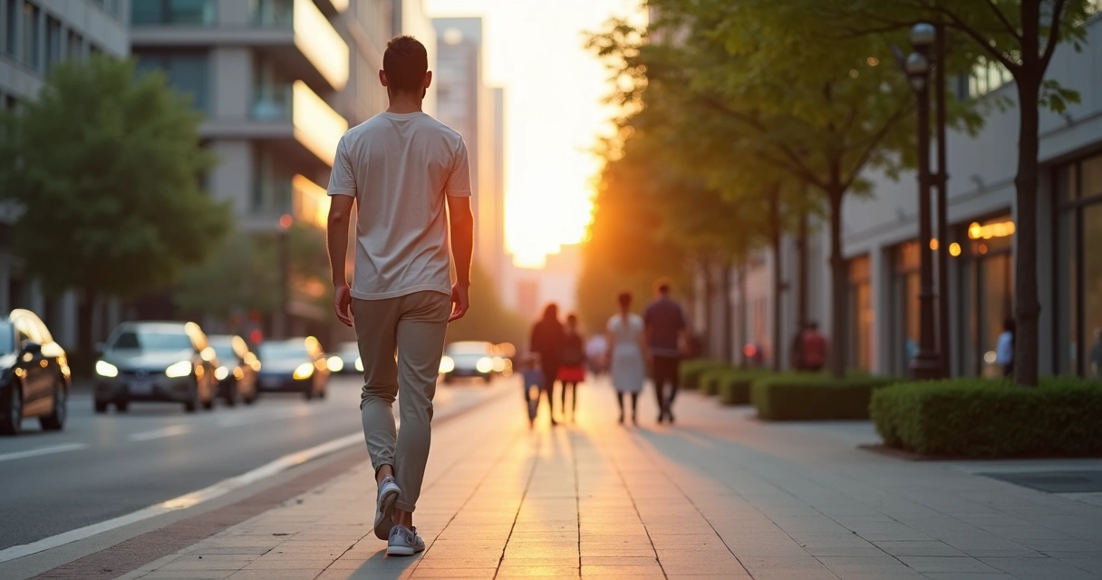 Persona caminando conscientemente por una calle de ciudad al atardecer 