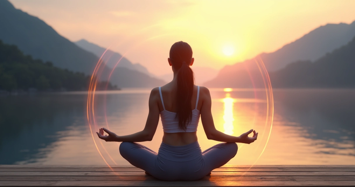 Mujer meditando al amanecer con aura luminosa alrededor de su cuerpo 