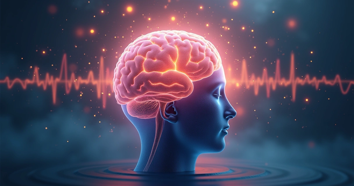 Cerebro humano en meditación con ondas mentales de colores 