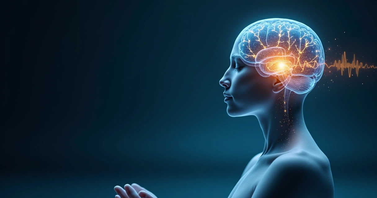 Cerebro luminoso conectado a figura en meditación con redes neuronales 