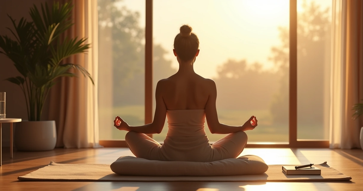 Persona meditando sentada frente a una ventana con luz cálida al amanecer 