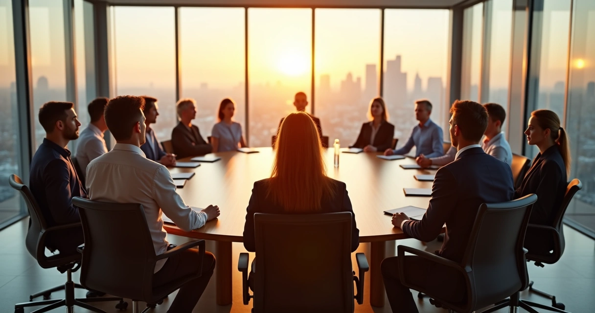Equipo directivo meditando en silencio alrededor de una mesa redonda en una sala de juntas moderna 
