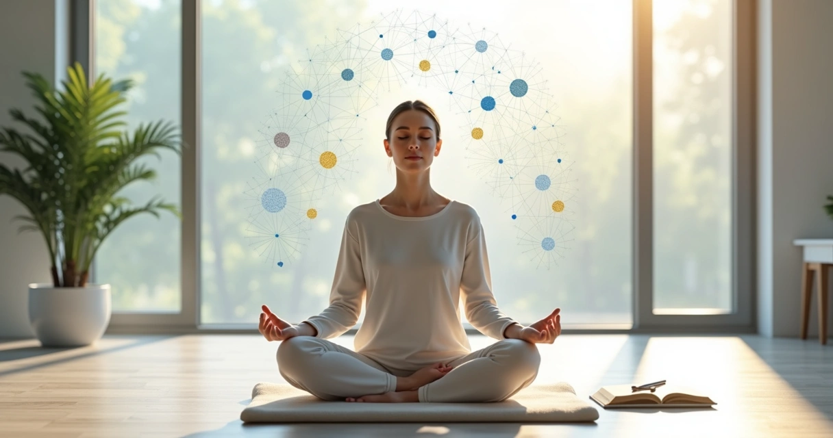 Persona meditando en una sala luminosa con trazos abstractos alrededor de la cabeza 