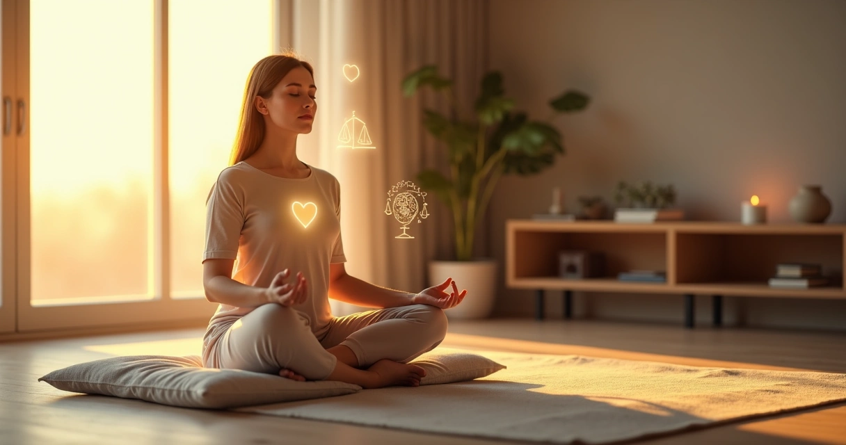 Persona meditando con luz cálida y símbolos de ética alrededor 