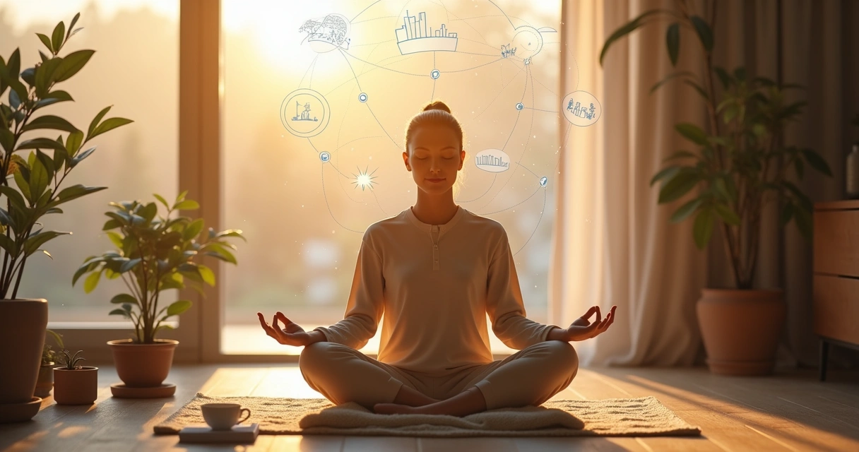 Persona meditando en casa con conexión a sistemas familiares y sociales 