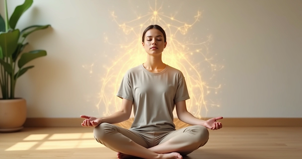 Persona sentada en postura de meditación conectando cuerpo y mente 