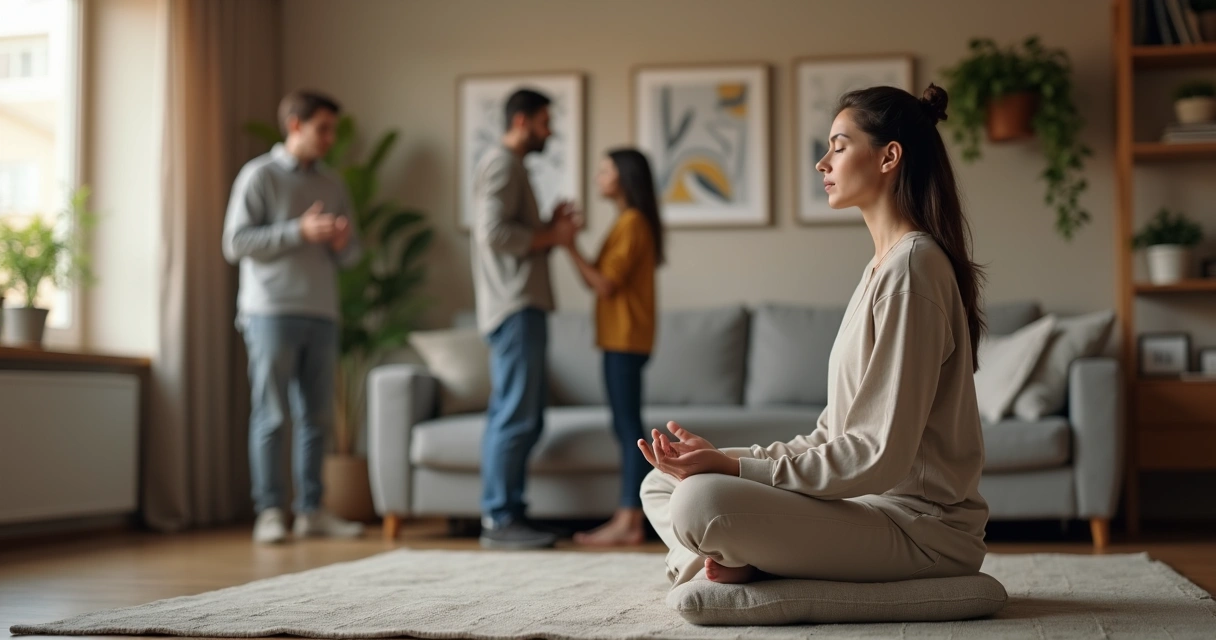 Mujer meditando en silencio mientras una familia discute al fondo en el salón 