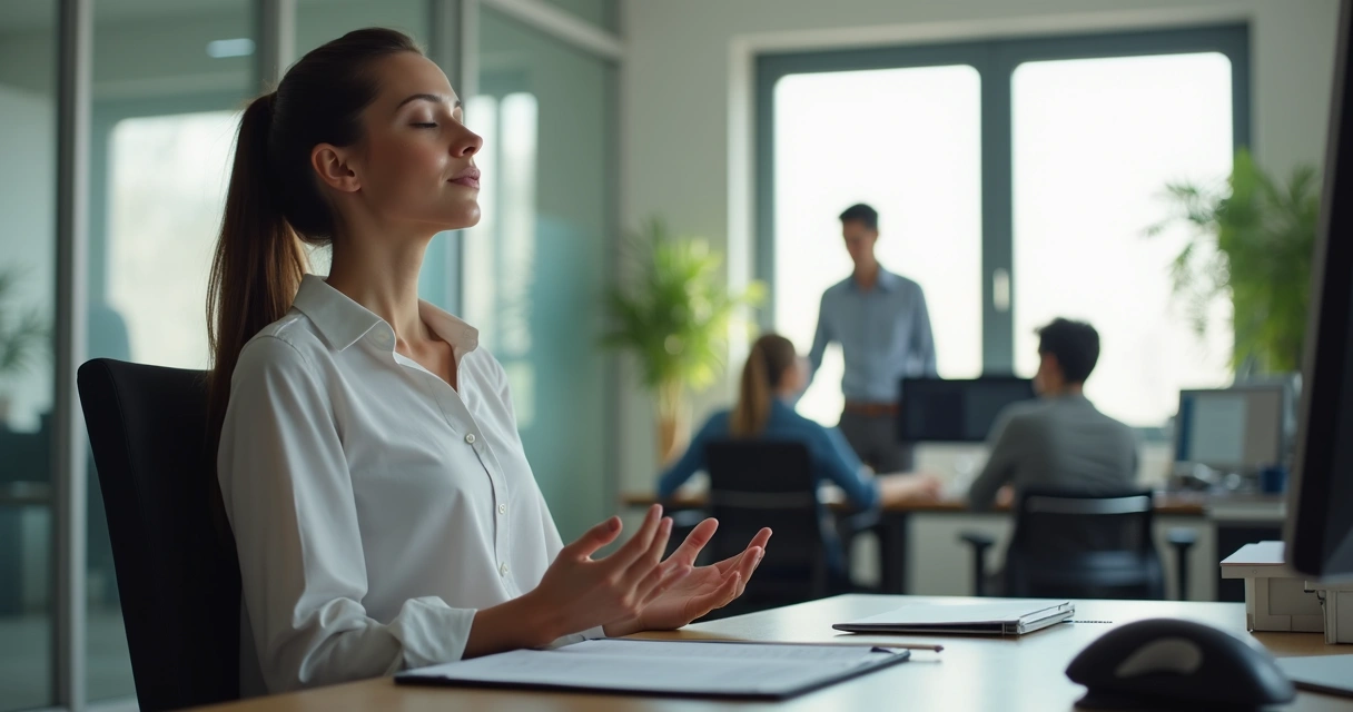 Persona en oficina haciendo una pausa de meditación durante un conflicto