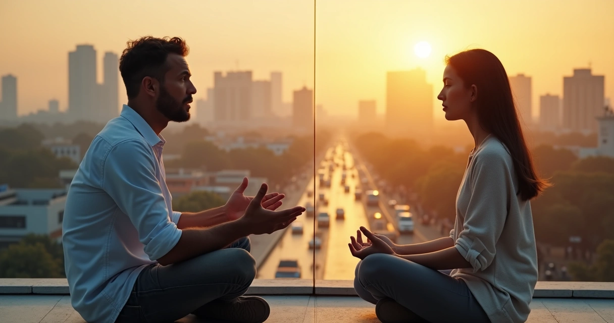 Persona meditando en calma frente a otra persona alterada en un fondo urbano medio dividido en caos y armonía 