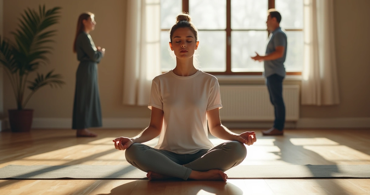 Persona sentada meditando en una sala tranquila con dos personas dialogando al fondo 