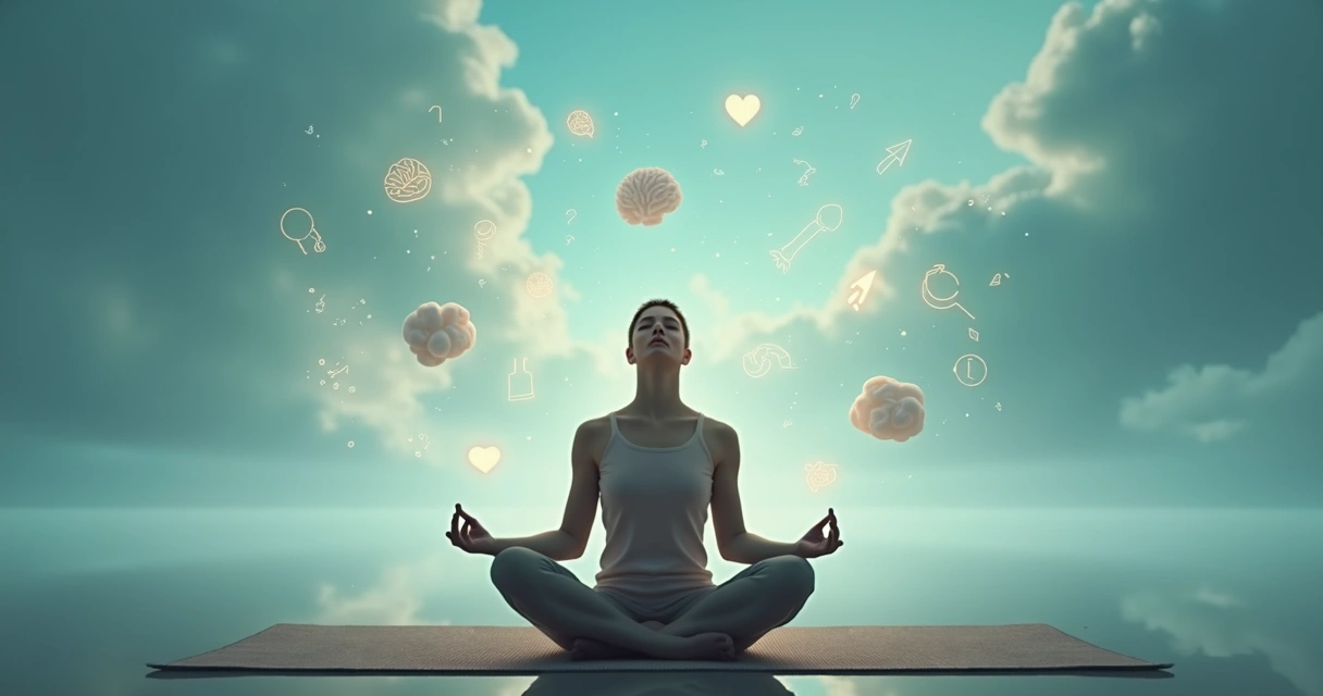 Persona meditando rodeada de símbolos de autoconocimiento y energía 