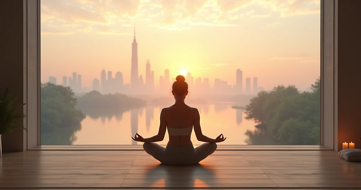 Persona meditando al amanecer frente a un horizonte moderno 