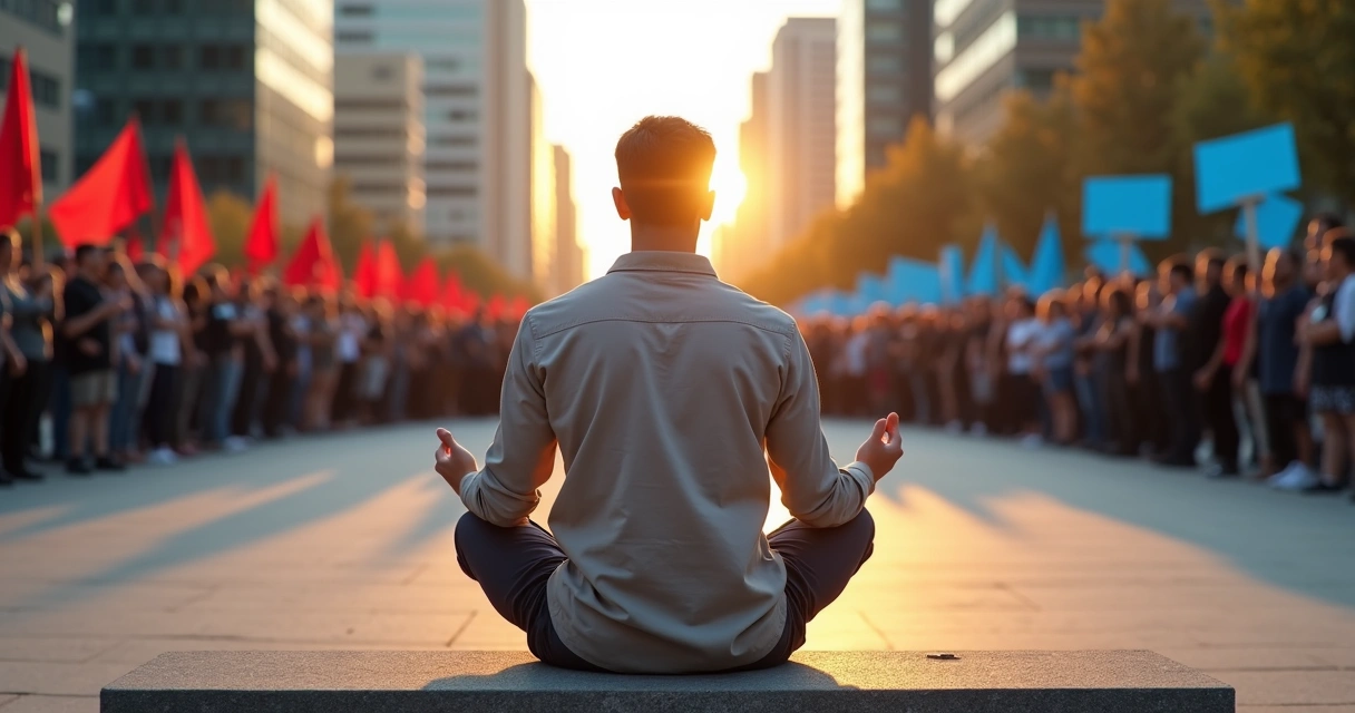 Persona meditando entre dos grupos opuestos en una ciudad 