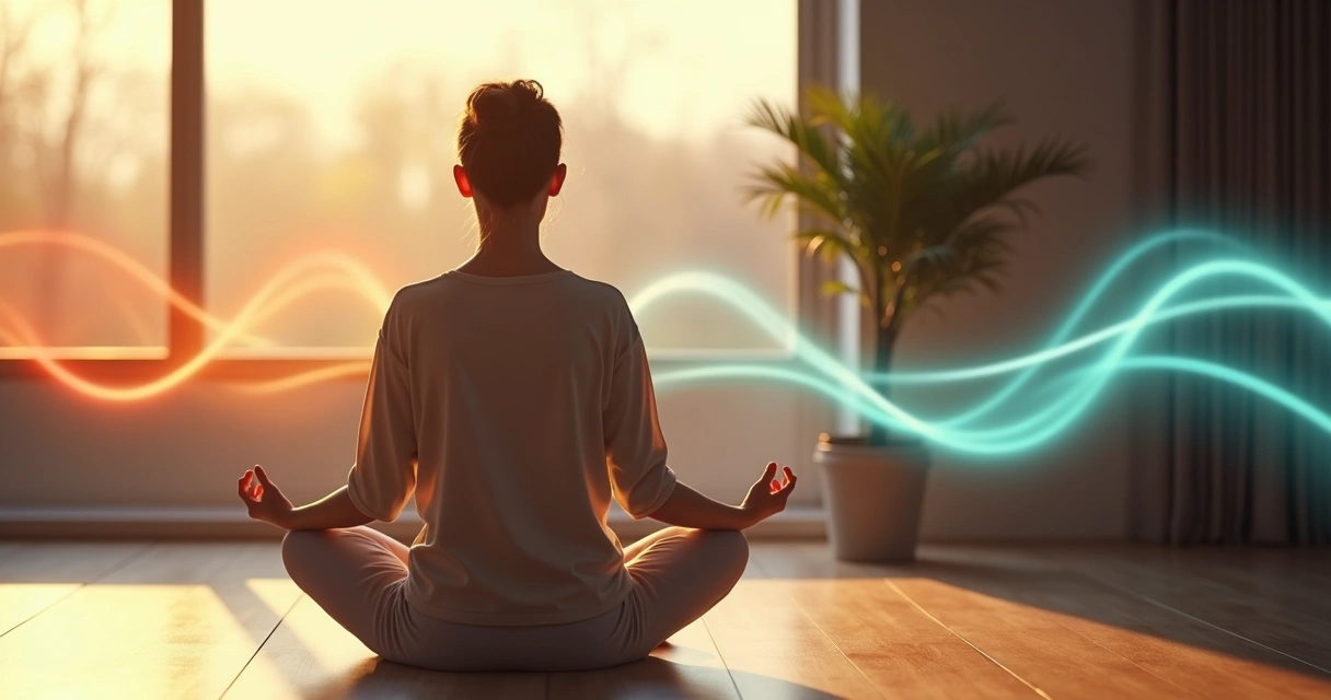 Persona meditando en posición sentada con luz suave y líneas abstractas que simbolizan impulso y calma 