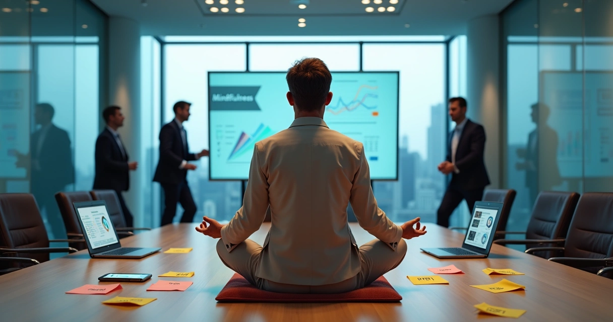 Ejecutivo en oficina moderna meditando rodeado de distracciones tecnológicas y presión laboral 