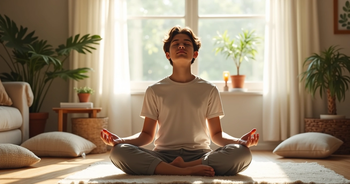 Persona meditando sentada en un ambiente doméstico tranquilo 