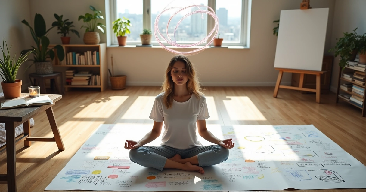 Persona meditando rodeada de bocetos y materiales creativos 