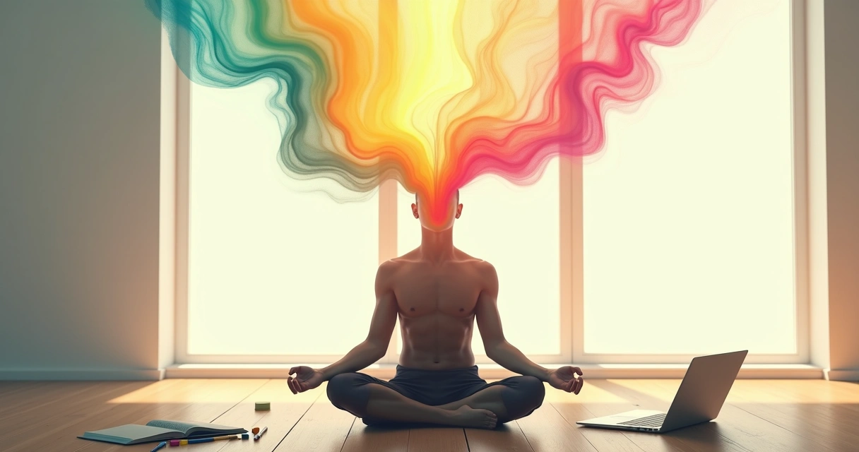 Persona meditando con colores creativos fluyendo desde la cabeza 