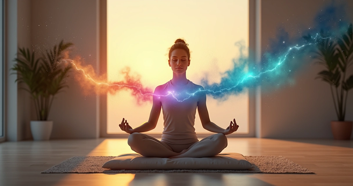 Persona meditando con colores creativos fluyendo desde la mente 