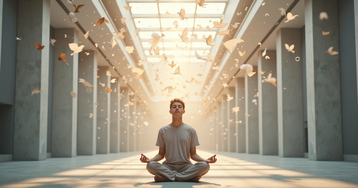 Persona meditando mientras hojas con símbolos de sistemas se transforman en aves de luz 