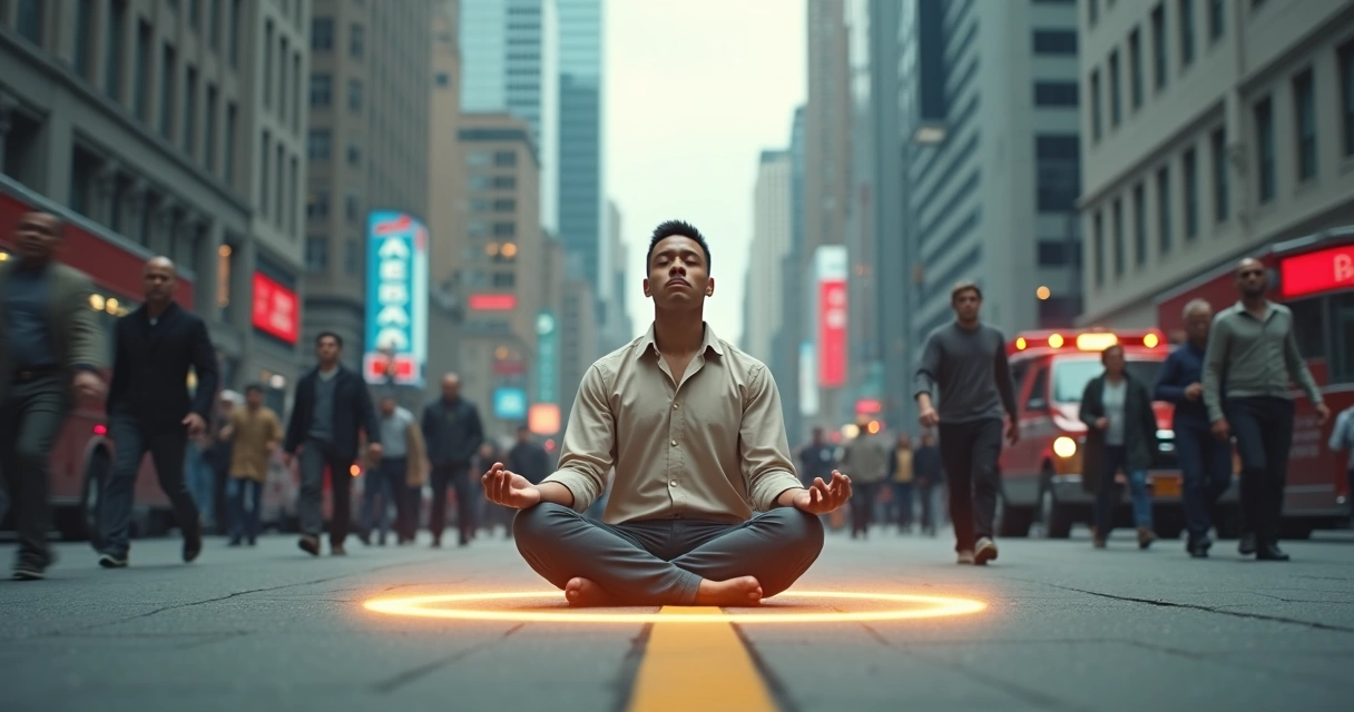 Persona meditando en calma en medio de una ciudad en crisis 