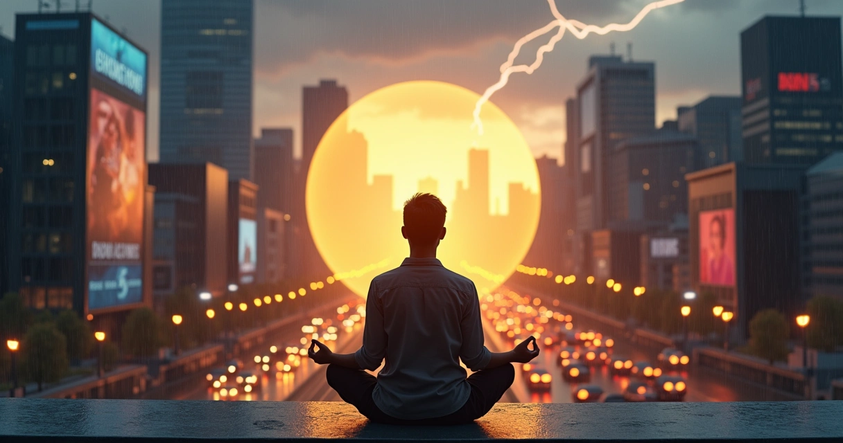 Persona meditando en azotea mientras una ciudad vive una tormenta alrededor 