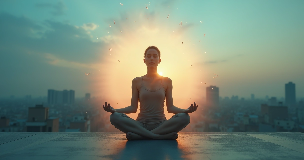 Persona sentada meditando en azotea sobre ciudad difuminada 