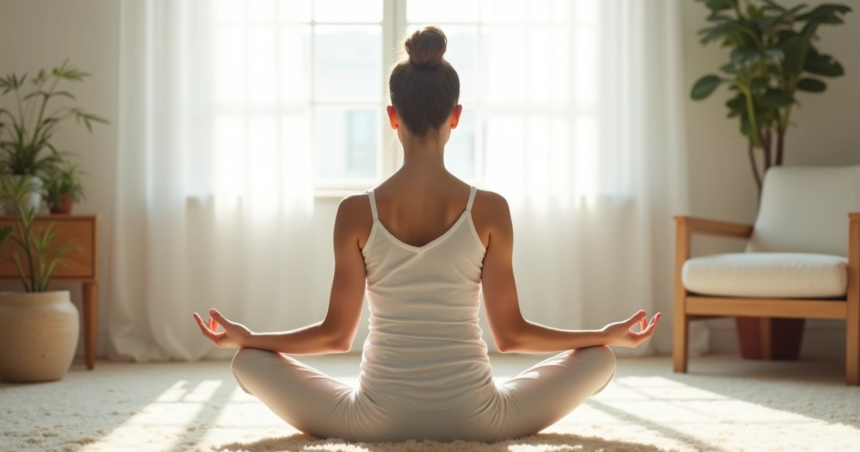 Persona sentada en meditación en una sala tranquila