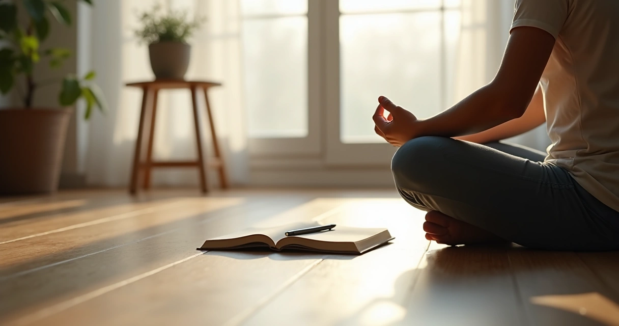 Persona sentada junto a un cuaderno en una habitación con luz suave
