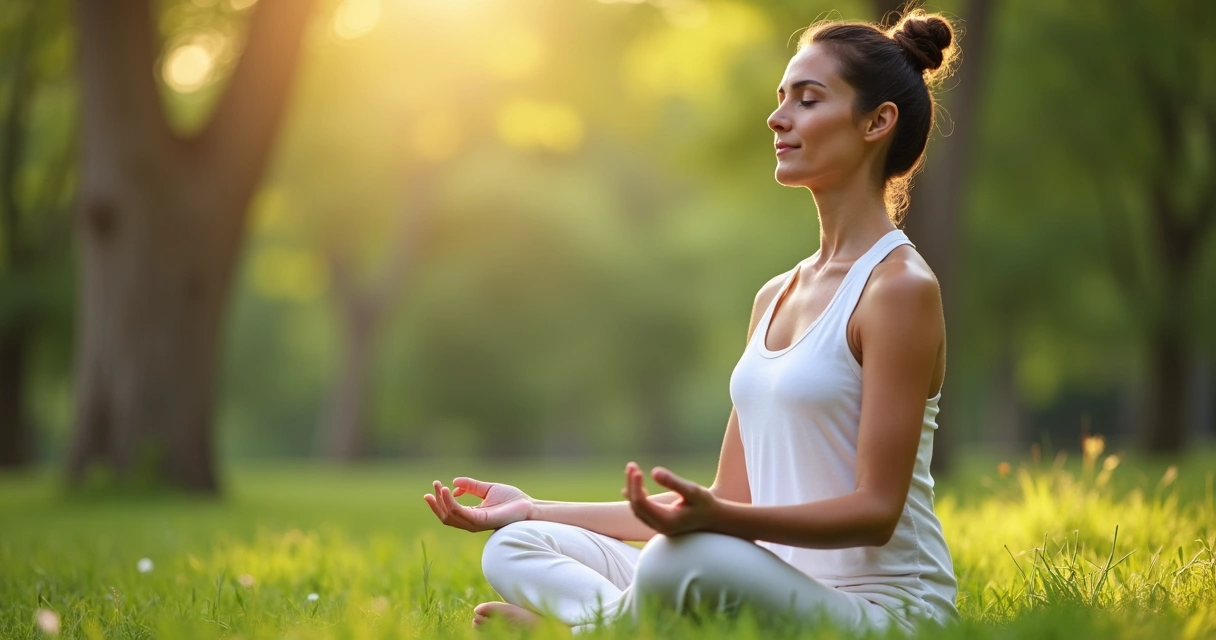 Persona sentada en postura de meditación con fondo natural