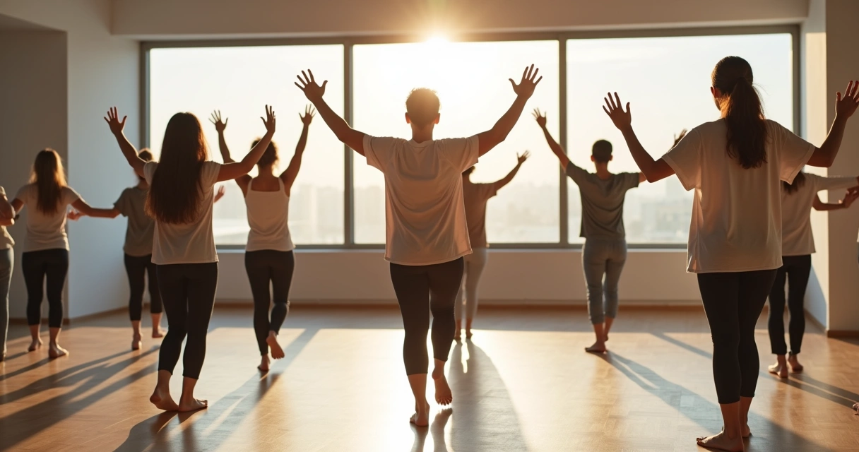 Grupo de personas practicando danza meditativa en un espacio luminoso 