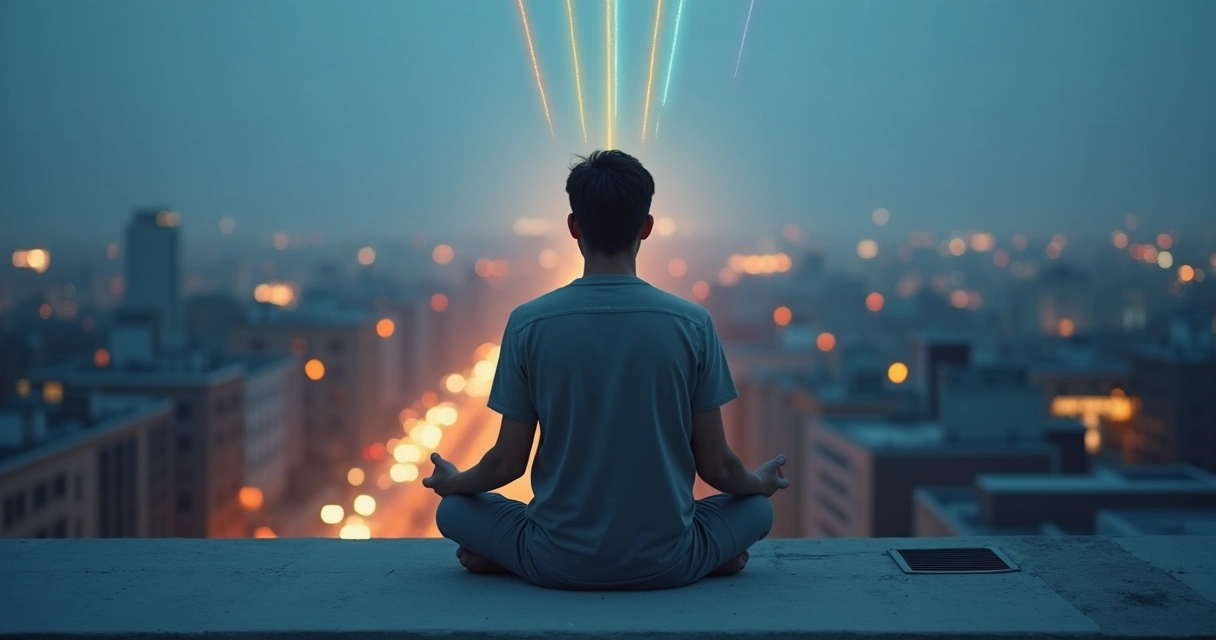 Persona meditando en una azotea con un paisaje urbano y caminos luminosos bifurcados 
