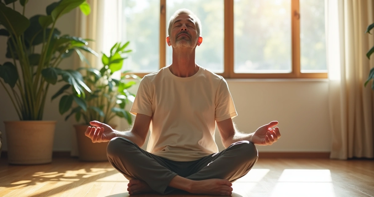 Persona sentada en posición de meditación en un ambiente luminoso y tranquilo 