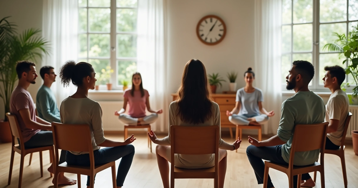Personas sentadas en círculo practicando meditación diaria en equipo 