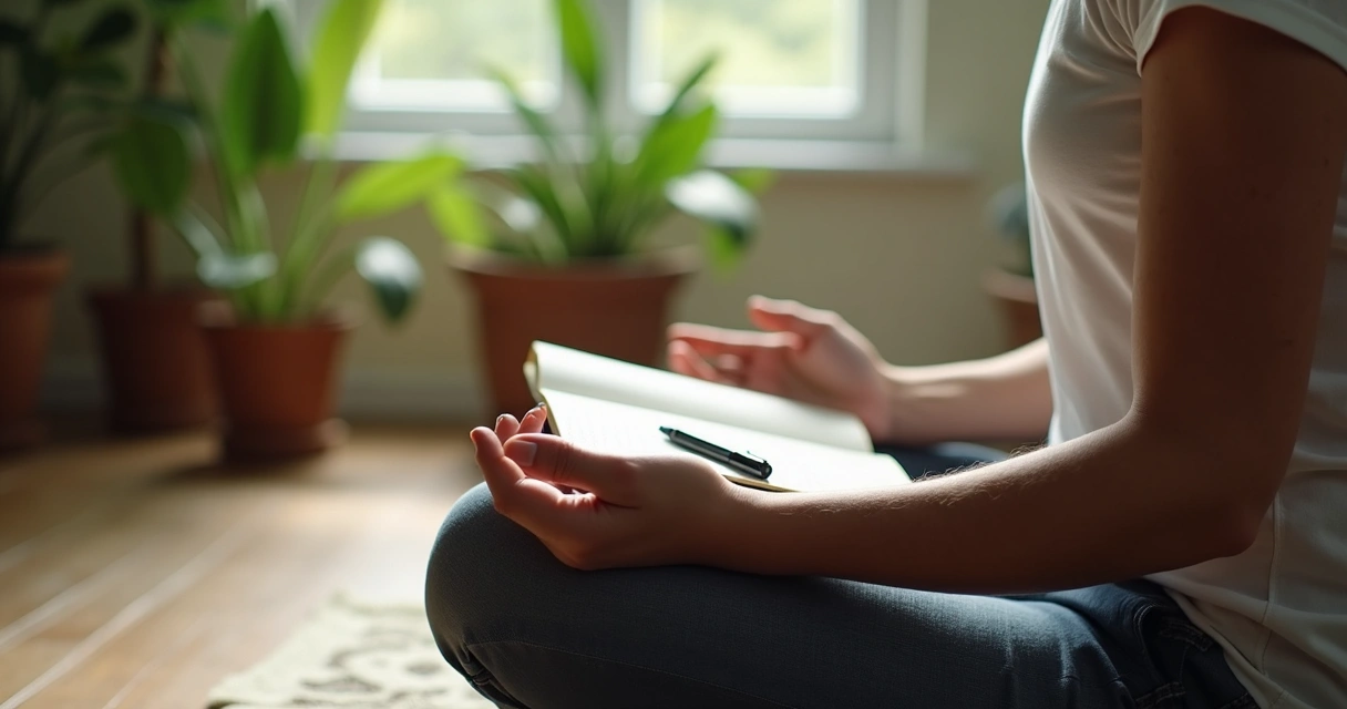 Persona sentada en postura de meditación sosteniendo un cuaderno abierto 