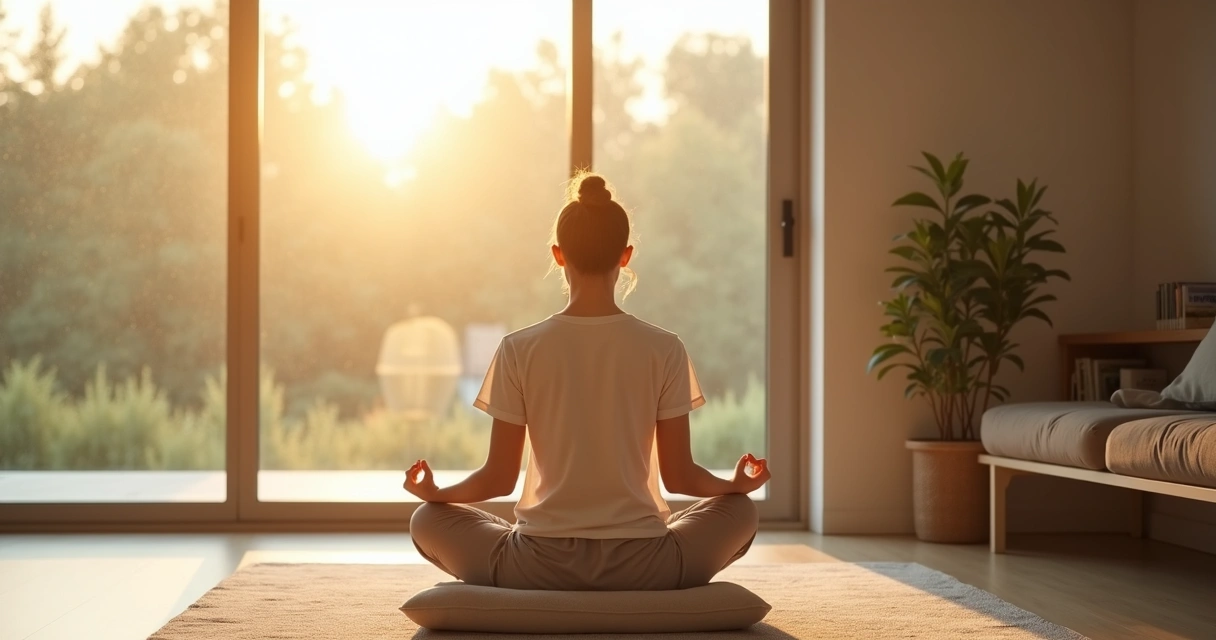 Persona meditando sentada en un salón luminoso con luz natural suave 