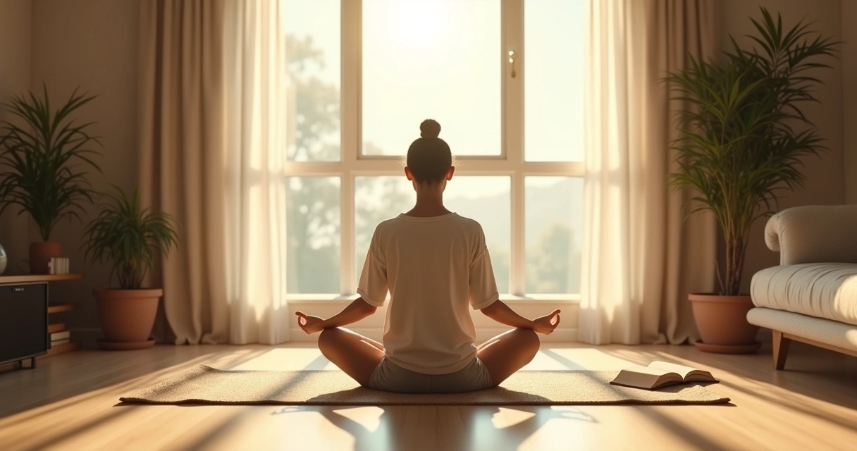 Persona sentada en alfombra meditando en la sala, luz cálida entrando por la ventana 