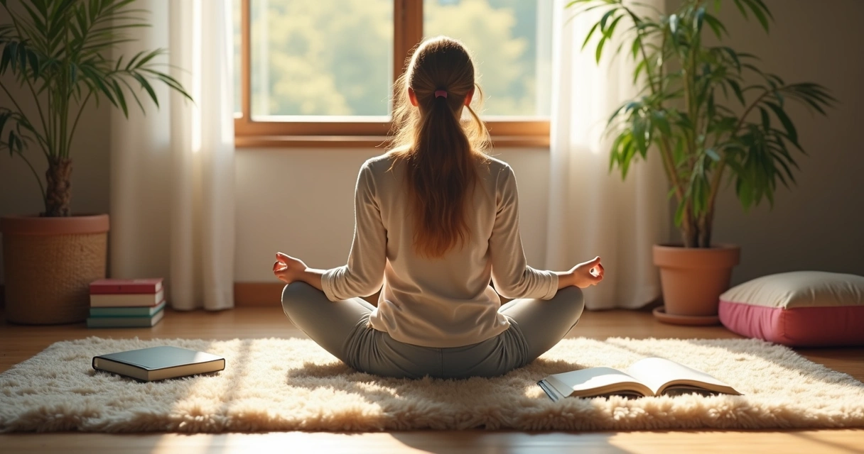 Persona meditando junto a un diario abierto, luz suave. 