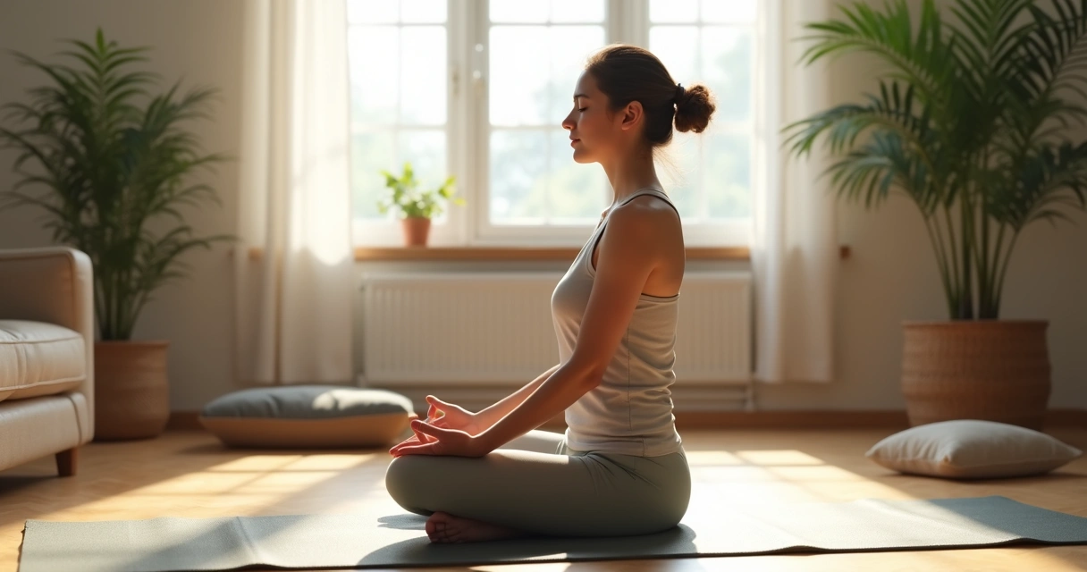 Persona sentada meditando con mano en la zona lumbar 