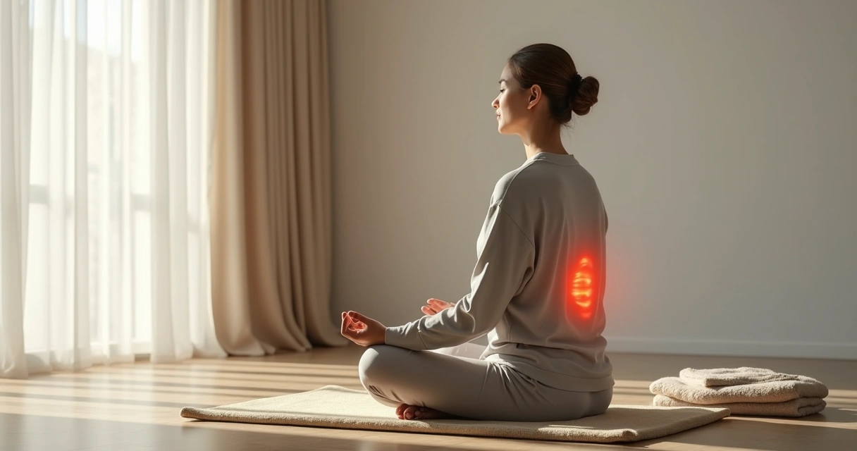 Persona sentada meditando con tensión suave en la espalda 