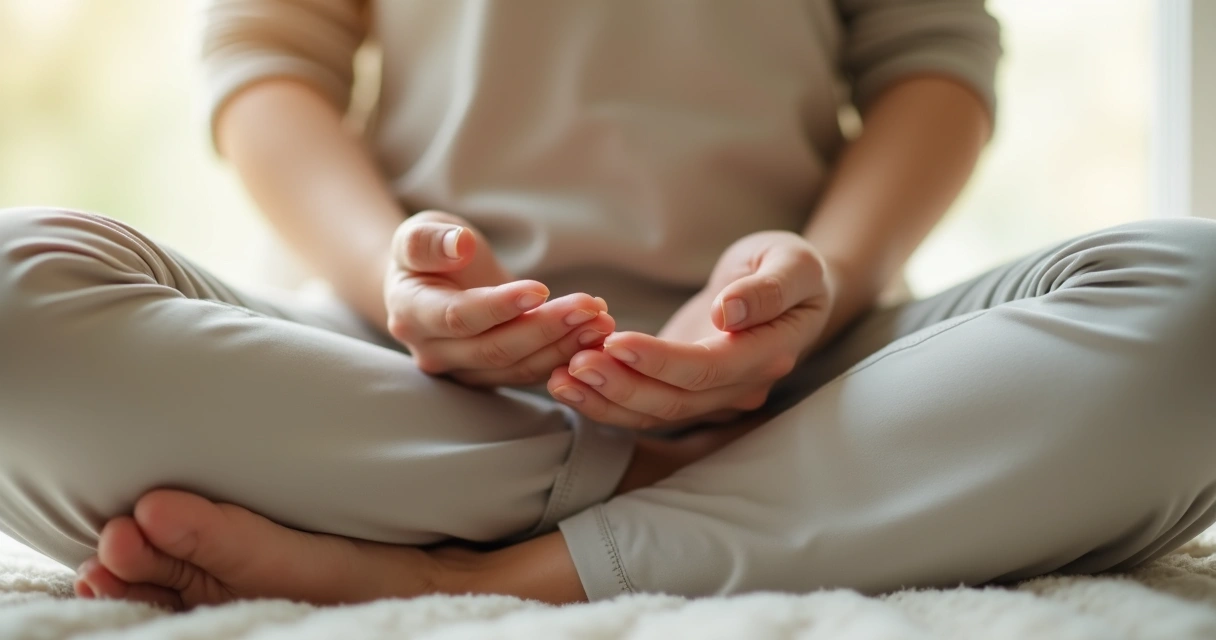 Manos en posición de meditación sobre piernas cruzadas, fondo suave 